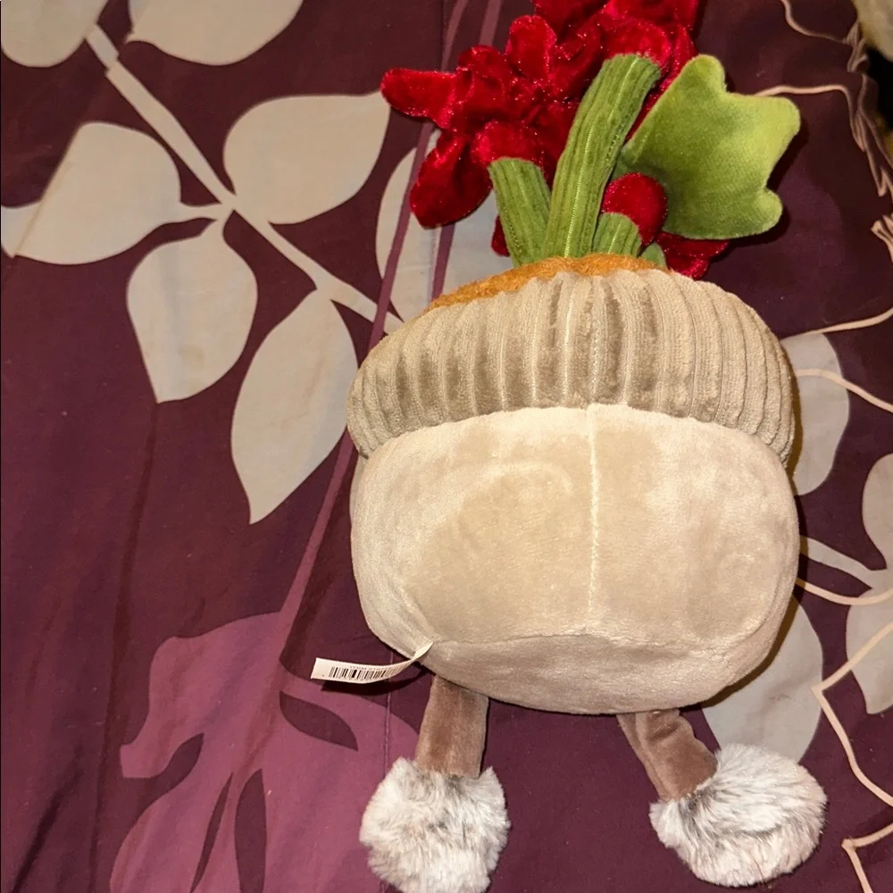 Holiday Potted Plant Plush Pillow - Beige with Red Flowers